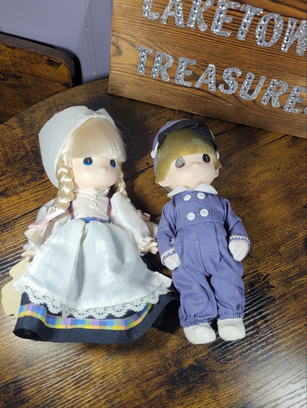 Vintage lot of 2 Precious Moments Pair Purple Boy and White Girl Dolls